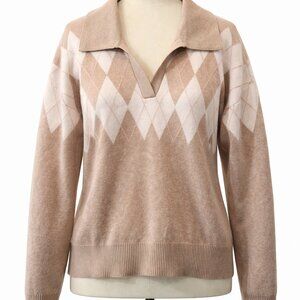 Argyle Collared Sweater XL Beige Pink Preppy Y2K Soft Knit V Neck
